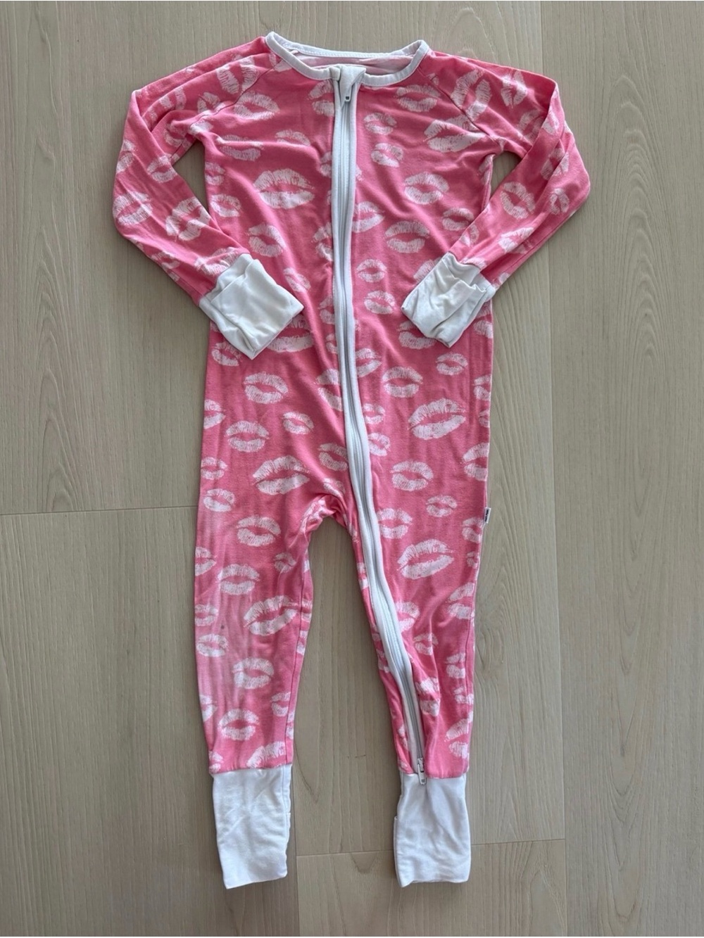 Little Sleepies Pink Lip Kiss Print Footie Pajamas with White Trim